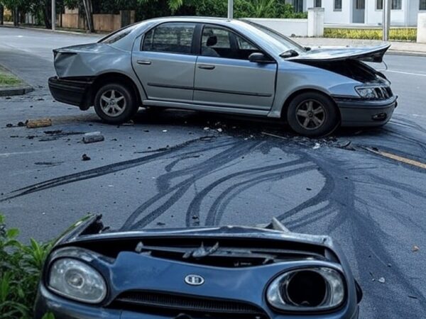 Carro colidido com poste em rua do Jardim Botânico, Rio de Janeiro, após acidente de trânsito.