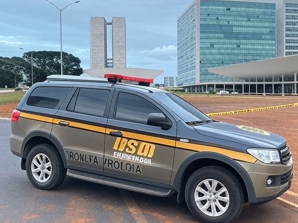 Viatura da polícia em cena de crime isolada em rua de Brasília, DF, relacionada a prisão por assassinato em emboscada.