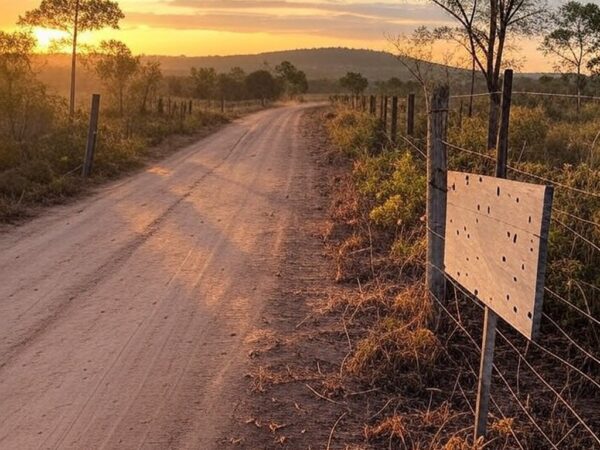 Cena rural em São Sebastião, DF, com estrada de terra e vegetação do cerrado, indiciando incidente de violência.