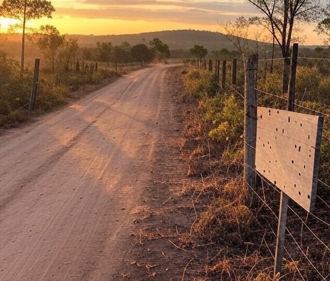Cena rural em São Sebastião, DF, com estrada de terra e vegetação do cerrado, indiciando incidente de violência.