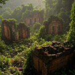 Ruínas antigas na selva amazônica representando tema de aventura em Tomb Raider.