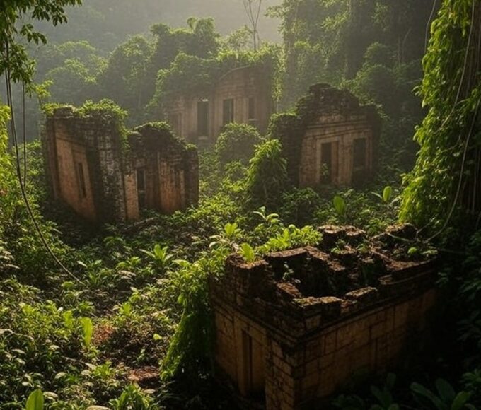 Ruínas antigas na selva amazônica representando tema de aventura em Tomb Raider.