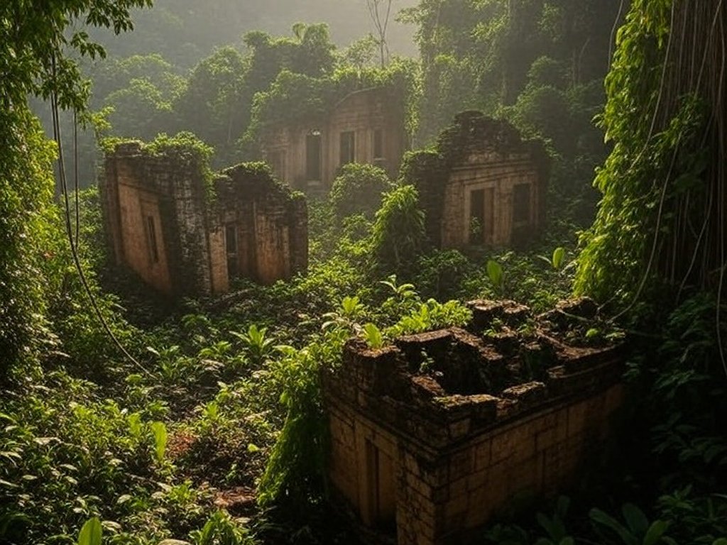 Ruínas antigas na selva amazônica representando tema de aventura em Tomb Raider.