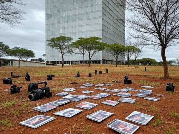 Edifício da CLDF em Brasília com documentos abandonados e câmeras simbólicas, destacando anúncio de concurso de fotografia sem detalhes e ignorando prioridades urgentes.