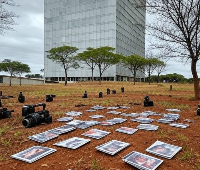 Edifício da CLDF em Brasília com documentos abandonados e câmeras simbólicas, destacando anúncio de concurso de fotografia sem detalhes e ignorando prioridades urgentes.