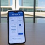 Smartphone com ícones de golpe online em pagamento de contas, ao fundo arquitetura de Brasília no DF.