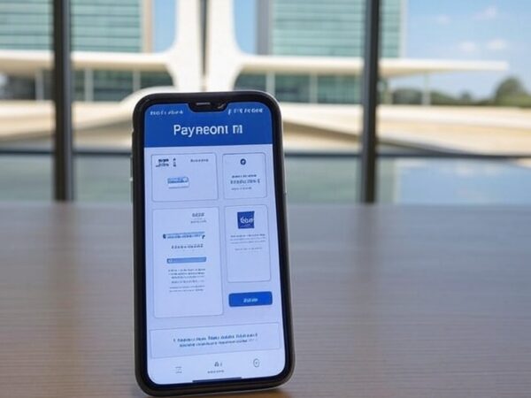 Smartphone com ícones de golpe online em pagamento de contas, ao fundo arquitetura de Brasília no DF.