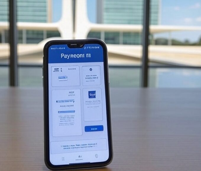 Smartphone com ícones de golpe online em pagamento de contas, ao fundo arquitetura de Brasília no DF.