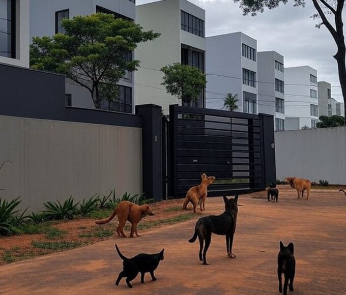 Condomínio residencial em Brasília com animais resgatados em áreas comuns, ilustrando conflitos por lei de proteção animal.