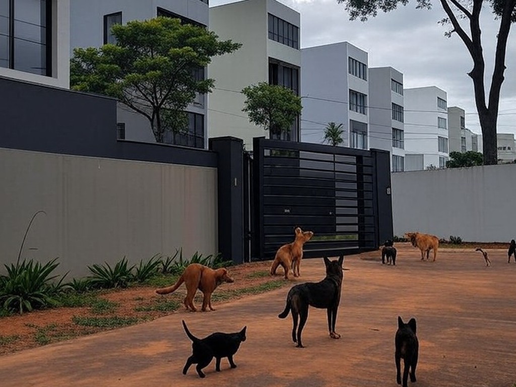 Condomínio residencial em Brasília com animais resgatados em áreas comuns, ilustrando conflitos por lei de proteção animal.