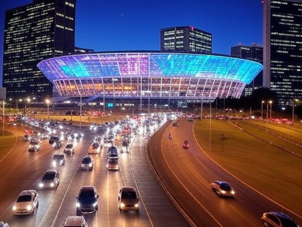 Arena BRB em Brasília com luzes de shows e trânsito congestionado no Distrito Federal.
