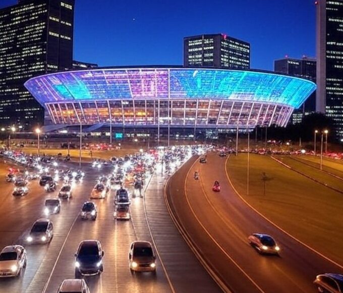 Arena BRB em Brasília com luzes de shows e trânsito congestionado no Distrito Federal.