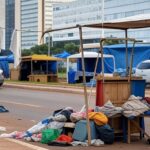 Rua vazia em Brasília com barracas de rua e edifícios governamentais ao fundo, representando vagas para pessoas em situação de rua.
