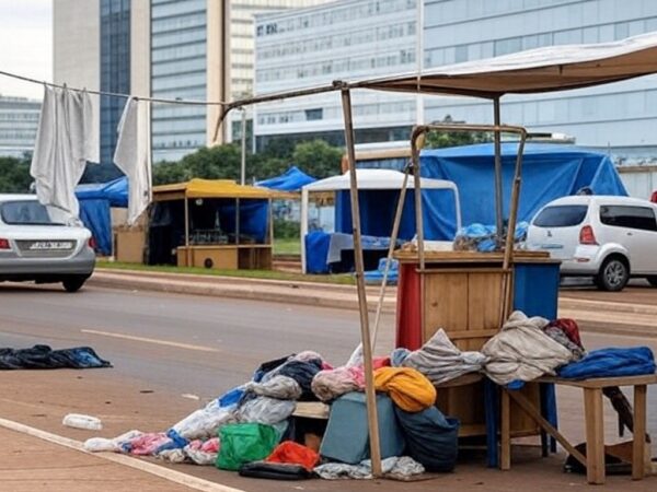 Rua vazia em Brasília com barracas de rua e edifícios governamentais ao fundo, representando vagas para pessoas em situação de rua.