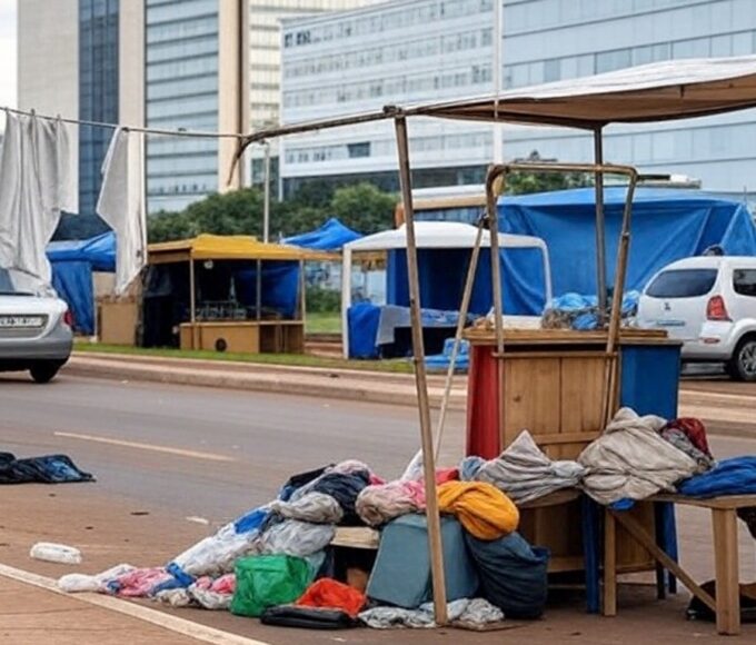 Rua vazia em Brasília com barracas de rua e edifícios governamentais ao fundo, representando vagas para pessoas em situação de rua.
