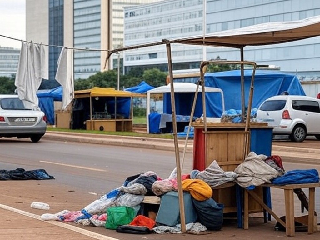 Rua vazia em Brasília com barracas de rua e edifícios governamentais ao fundo, representando vagas para pessoas em situação de rua.
