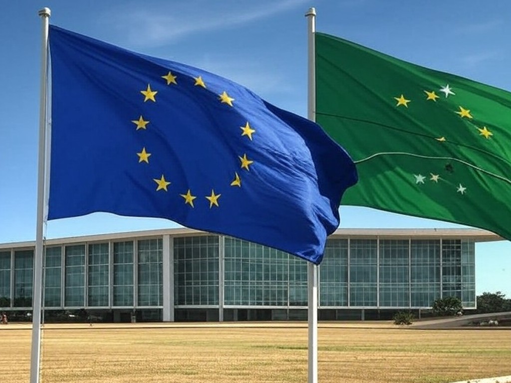 Bandeiras da UE e Mercosul em frente ao Palácio do Itamaraty em Brasília, representando acordo de livre-comércio histórico.