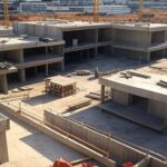 Canteiro de obras da UPA do Guará em fase de construção, com estruturas de concreto e equipamentos no Distrito Federal.