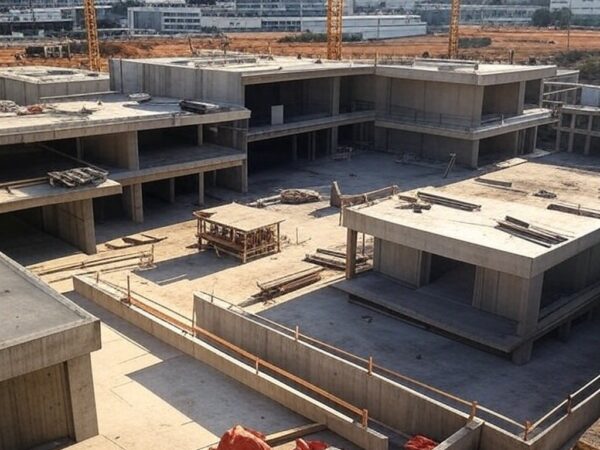 Canteiro de obras da UPA do Guará em fase de construção, com estruturas de concreto e equipamentos no Distrito Federal.