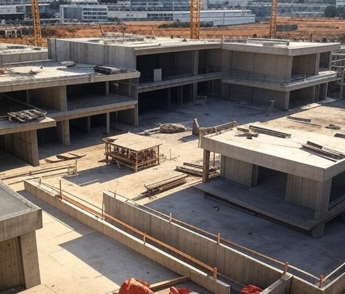 Canteiro de obras da UPA do Guará em fase de construção, com estruturas de concreto e equipamentos no Distrito Federal.