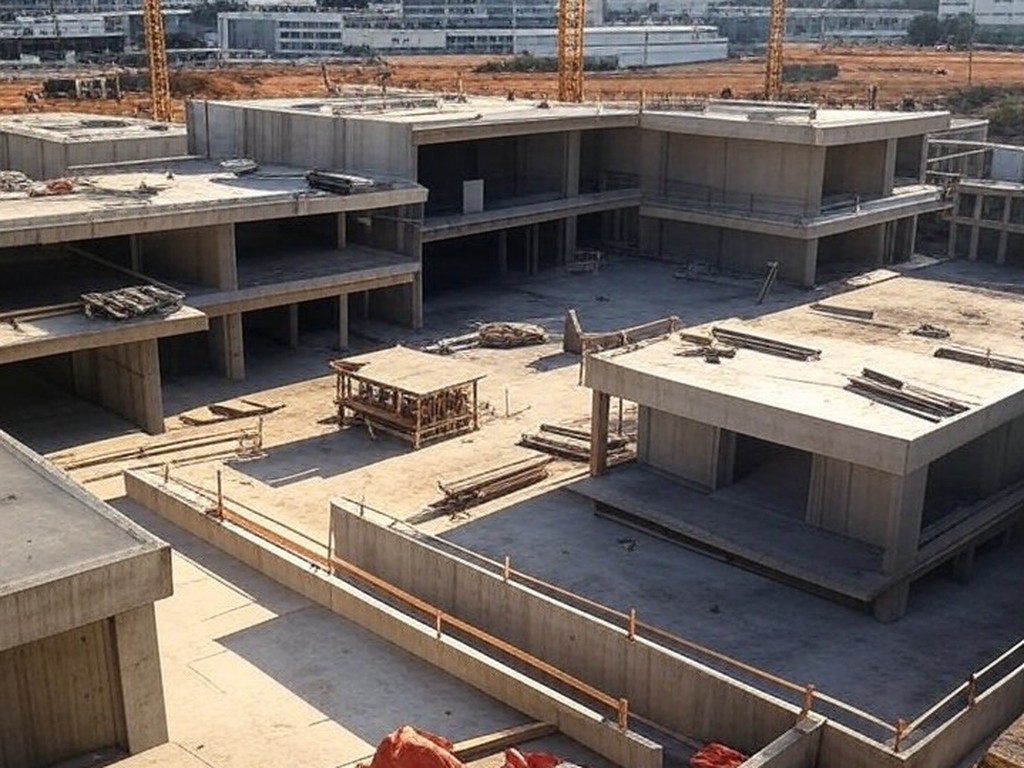 Canteiro de obras da UPA do Guará em fase de construção, com estruturas de concreto e equipamentos no Distrito Federal.