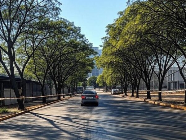 Cena de acidente de atropelamento em rua de área de clubes em Brasília, com carro e marcas no asfalto, sem pessoas.