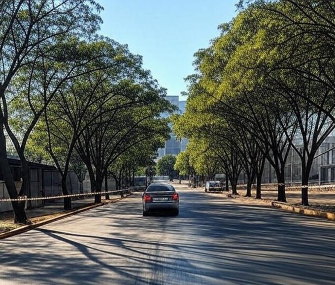 Cena de acidente de atropelamento em rua de área de clubes em Brasília, com carro e marcas no asfalto, sem pessoas.