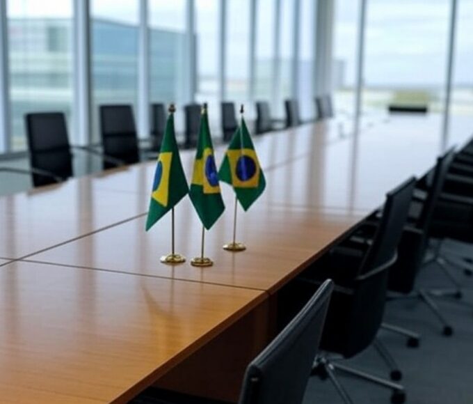 Sala de conferências com bandeiras brasileiras e estaduais, representando fórum de governadores elogiando vetos à reforma tributária.