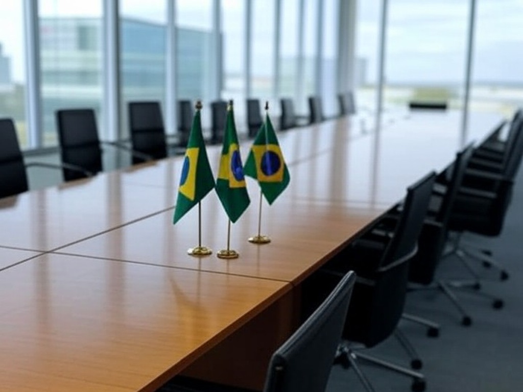 Sala de conferências com bandeiras brasileiras e estaduais, representando fórum de governadores elogiando vetos à reforma tributária.
