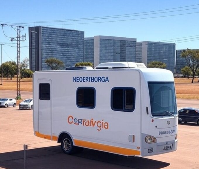 Unidade móvel de atendimento itinerante da Neoenergia em praça de Brasília, Distrito Federal.