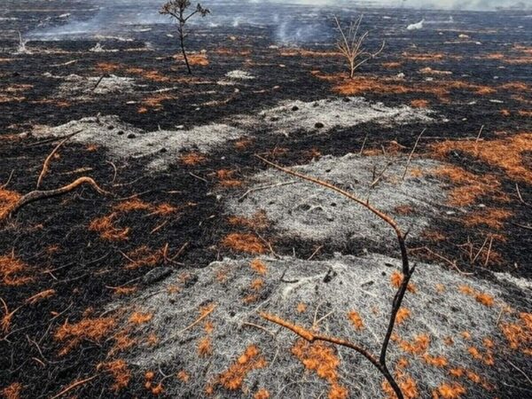 Área queimada no Distrito Federal com fumaça e vegetação destruída, destacando negligência ambiental e nova lei contra queimadas.