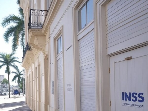 Agência do INSS fechada por feriado de São Sebastião em município brasileiro, portas trancadas e placa de aviso.