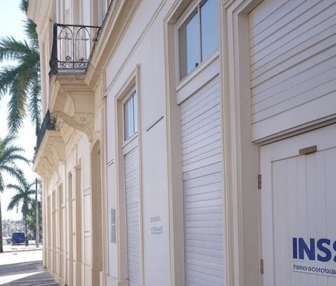 Agência do INSS fechada por feriado de São Sebastião em município brasileiro, portas trancadas e placa de aviso.