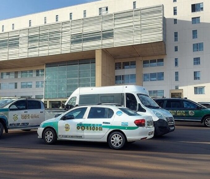 Fachada de hospital em Brasília com viaturas da Polícia Civil investigando mortes por desinfetante na veia.