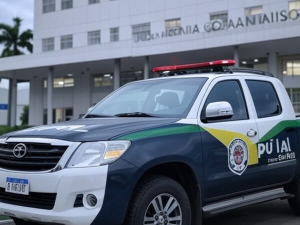 Viatura da Polícia Civil de Goiás em frente a hospital em Goiânia, representando prisão por mortes em UTI.