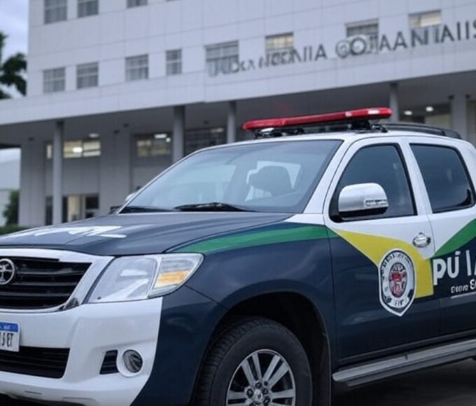 Viatura da Polícia Civil de Goiás em frente a hospital em Goiânia, representando prisão por mortes em UTI.
