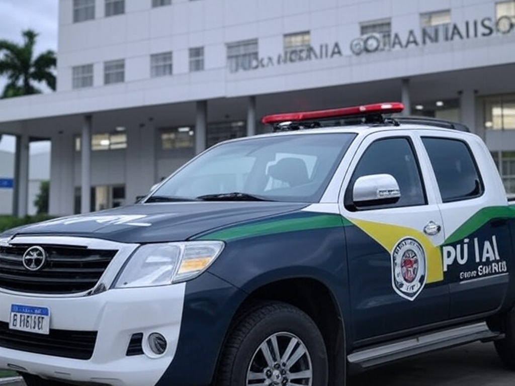 Viatura da Polícia Civil de Goiás em frente a hospital em Goiânia, representando prisão por mortes em UTI.