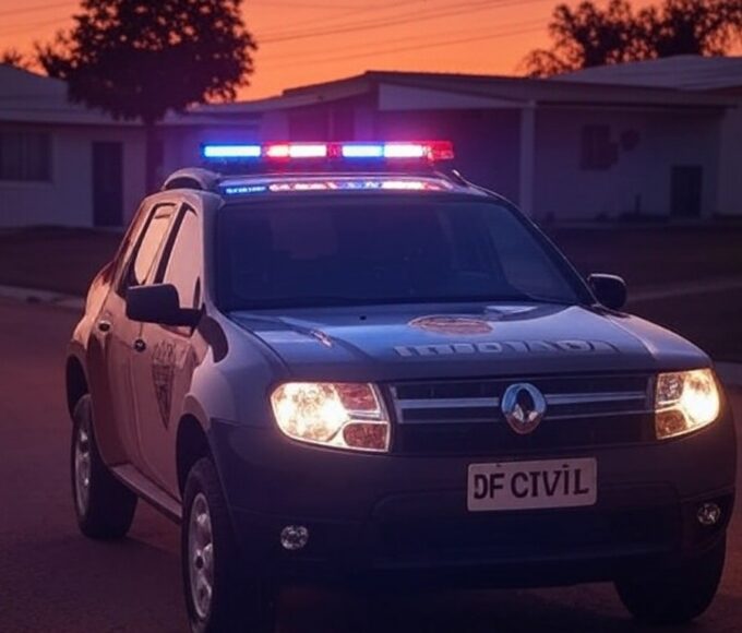 Viatura da Polícia Civil do DF em rua de Sobradinho II durante investigação de homicídio.