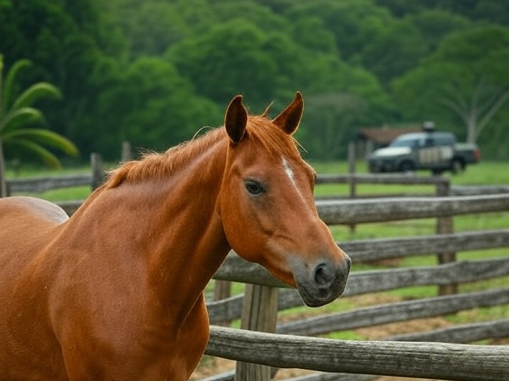 Cavalo recuperado após furto em curral rural de São Sebastião, com viatura policial ao fundo.