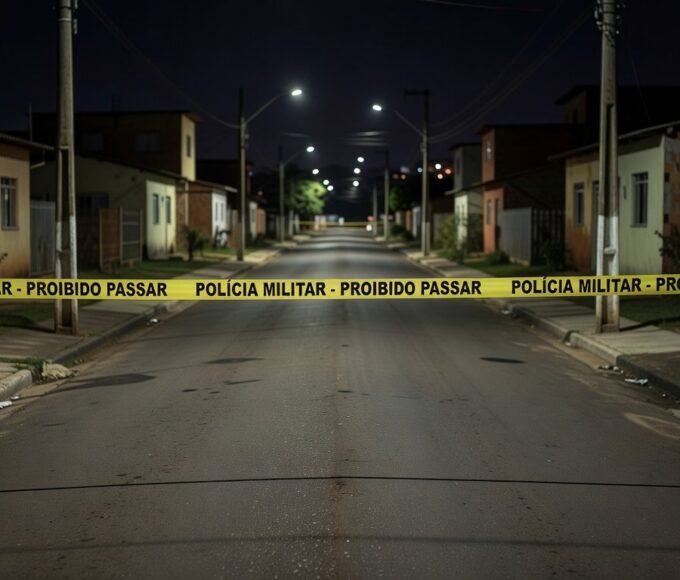 Rua em Sobradinho isolada por fita policial após briga fatal, ambiente noturno e sombrio no Distrito Federal.