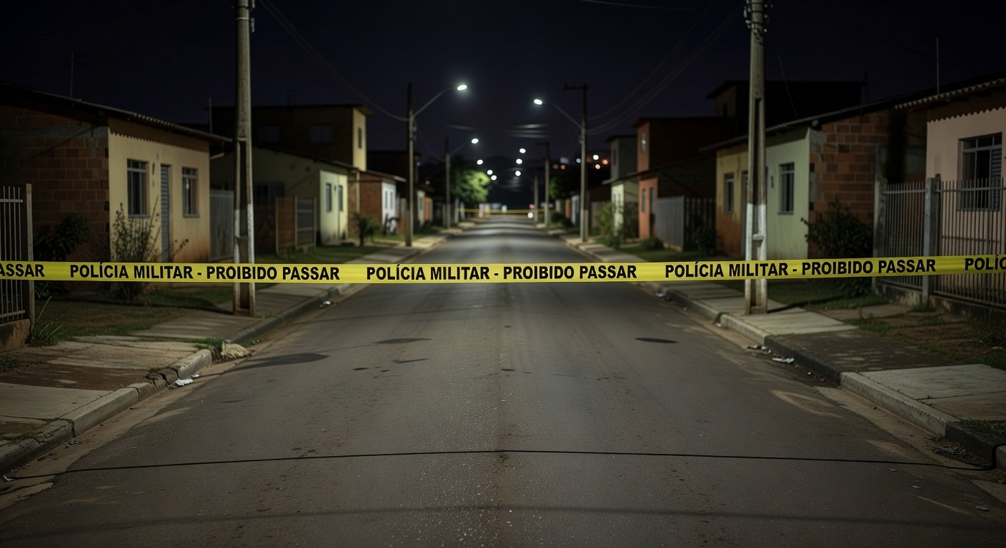 Rua em Sobradinho isolada por fita policial após briga fatal, ambiente noturno e sombrio no Distrito Federal.