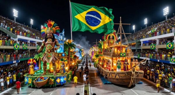 Sambódromo no Rio com alegorias de desfile de samba em homenagem política, criticado pela oposição que promete acionar a Justiça.