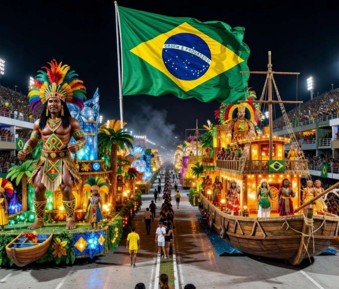 Sambódromo no Rio com alegorias de desfile de samba em homenagem política, criticado pela oposição que promete acionar a Justiça.