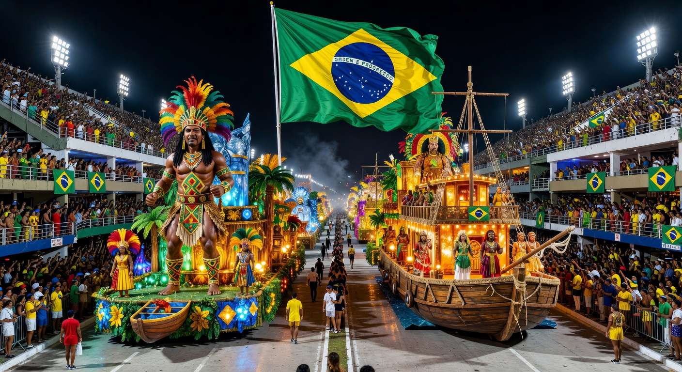 Sambódromo no Rio com alegorias de desfile de samba em homenagem política, criticado pela oposição que promete acionar a Justiça.