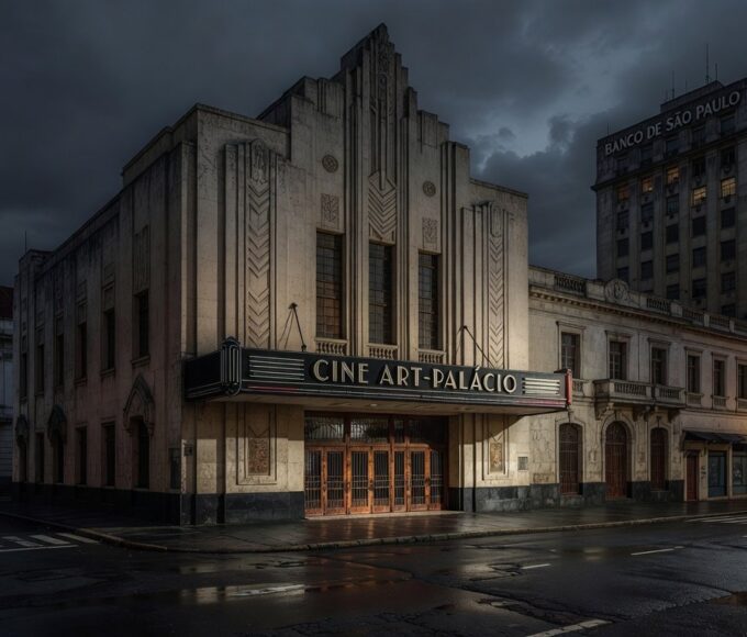 Fachada de cinema antigo em São Paulo com portas fechadas, representando luto por ator de O Poderoso Chefão.