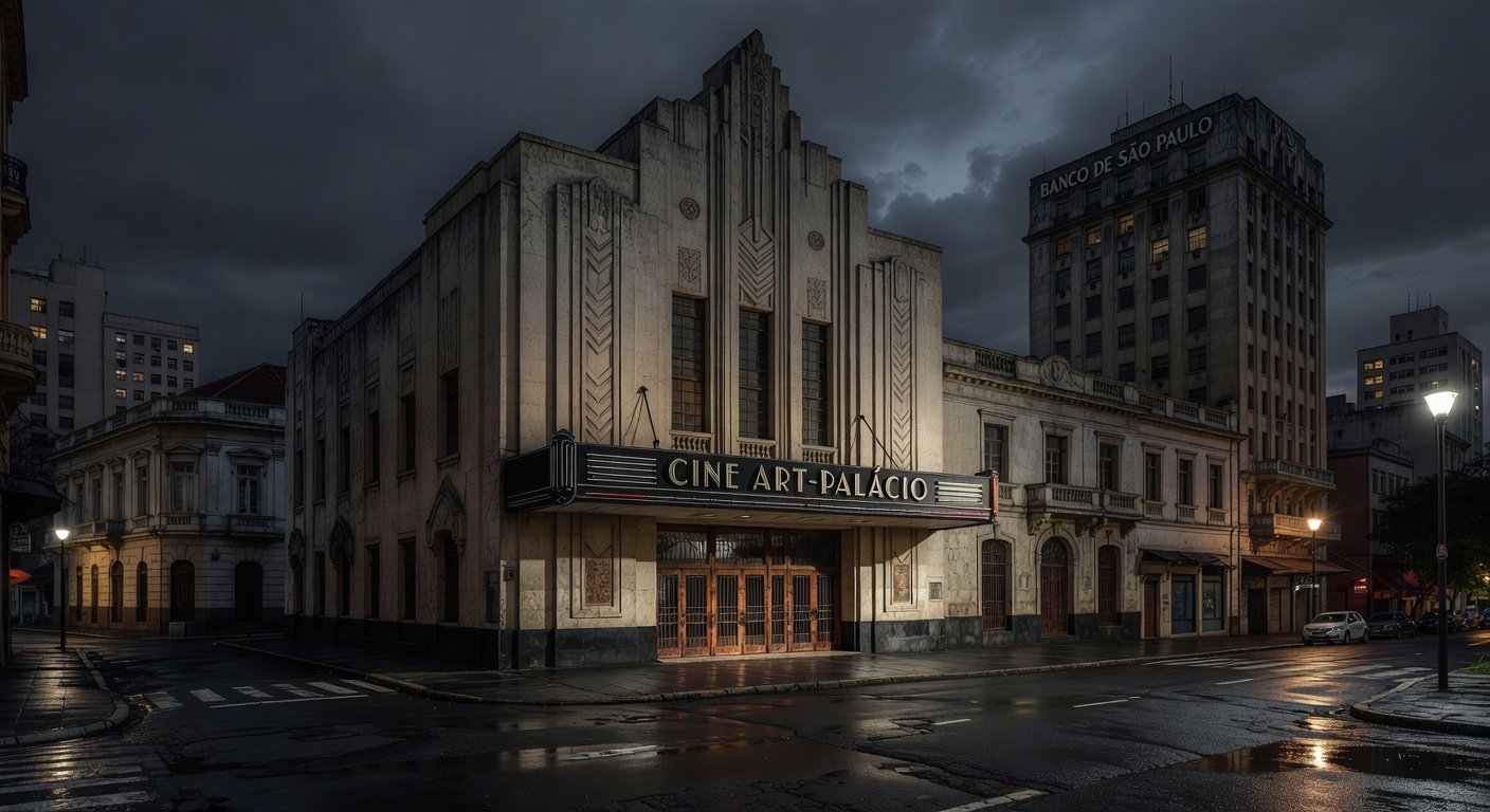 Fachada de cinema antigo em São Paulo com portas fechadas, representando luto por ator de O Poderoso Chefão.