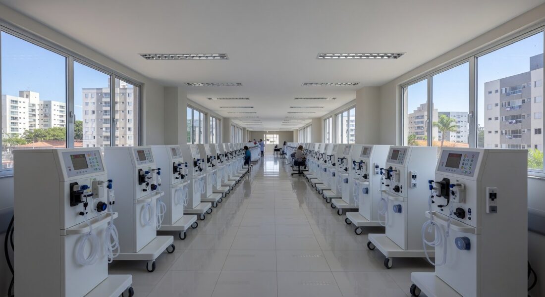 Sala de centro de nefrologia com máquinas de hemodiálise no Hospital de Taguatinga, Brasília.