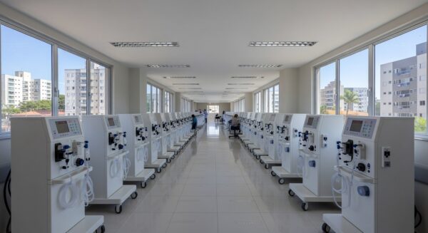 Sala de centro de nefrologia com máquinas de hemodiálise no Hospital de Taguatinga, Brasília.