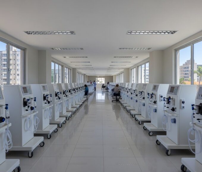 Sala de centro de nefrologia com máquinas de hemodiálise no Hospital de Taguatinga, Brasília.
