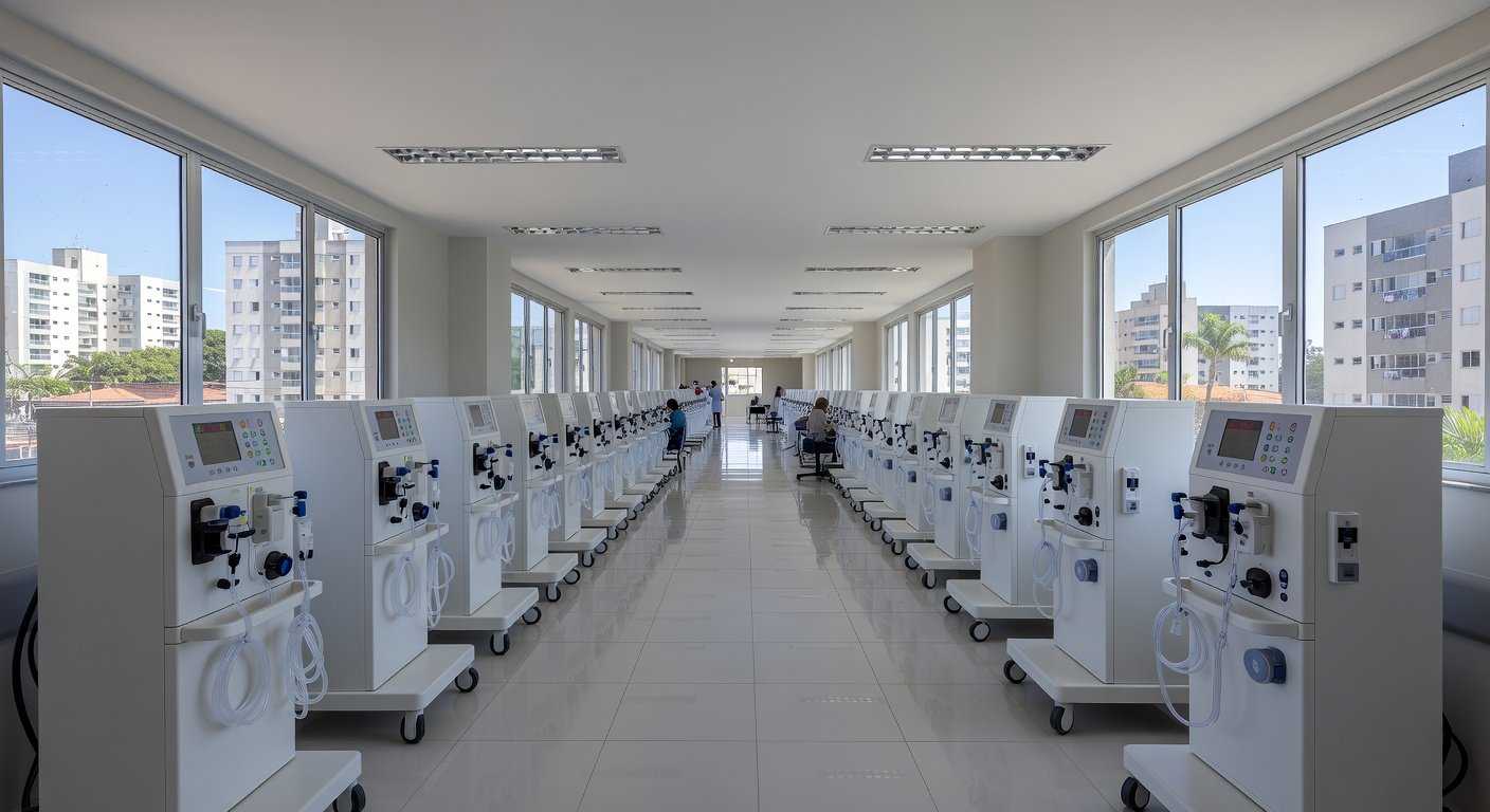 Sala de centro de nefrologia com máquinas de hemodiálise no Hospital de Taguatinga, Brasília.